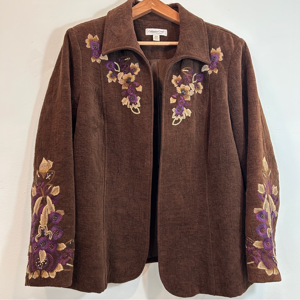 Coldwater Creek Brown Beaded Blazer Purple Floral Embroidery 18W Lined Bohemian
